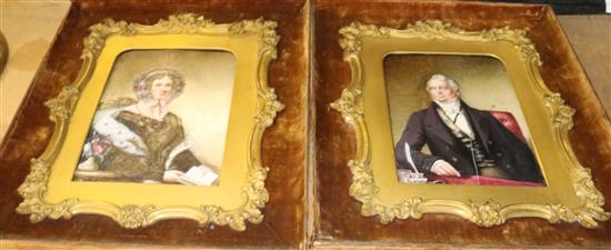 19C English School, oil on ivory, portraits of a lady and a gentleman, a pair